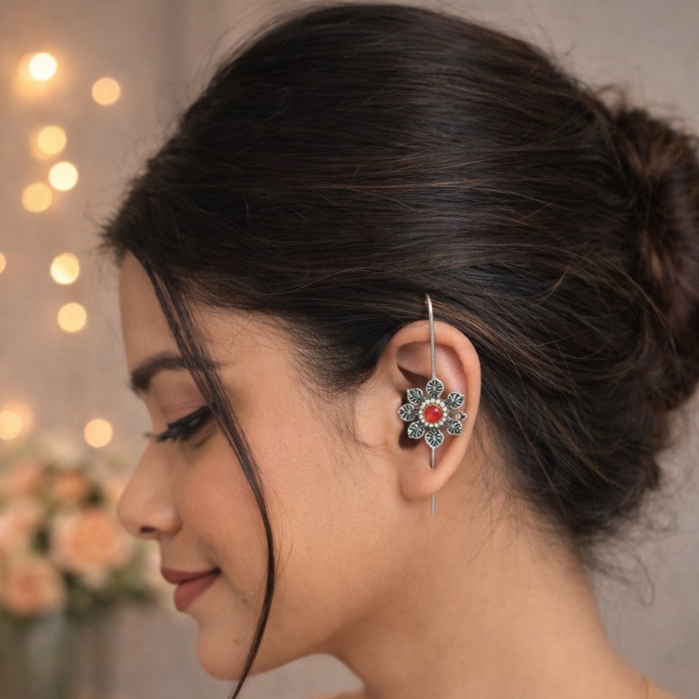 Aarohi Red Stone Silver Look Tassel Earrings