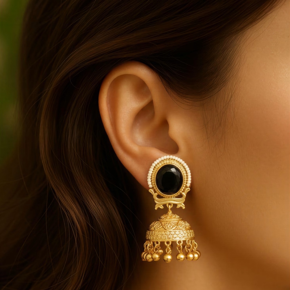 Noorika Black Stone Gold Jhumka Earrings
