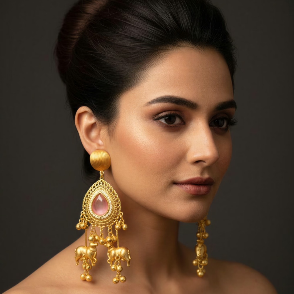 Pink Stone Nandi Motif Statement Danglers
