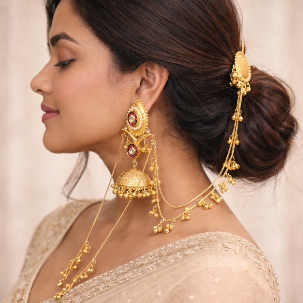 Rajkumari Gold Finish Ear Chain Jhumka with Hair Attachment