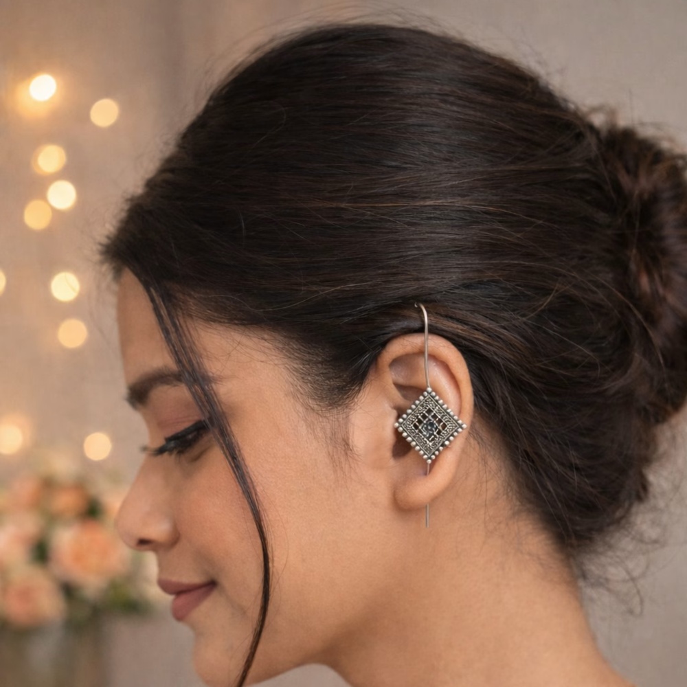 Antique Square Oxidised Silver Ear Cuff