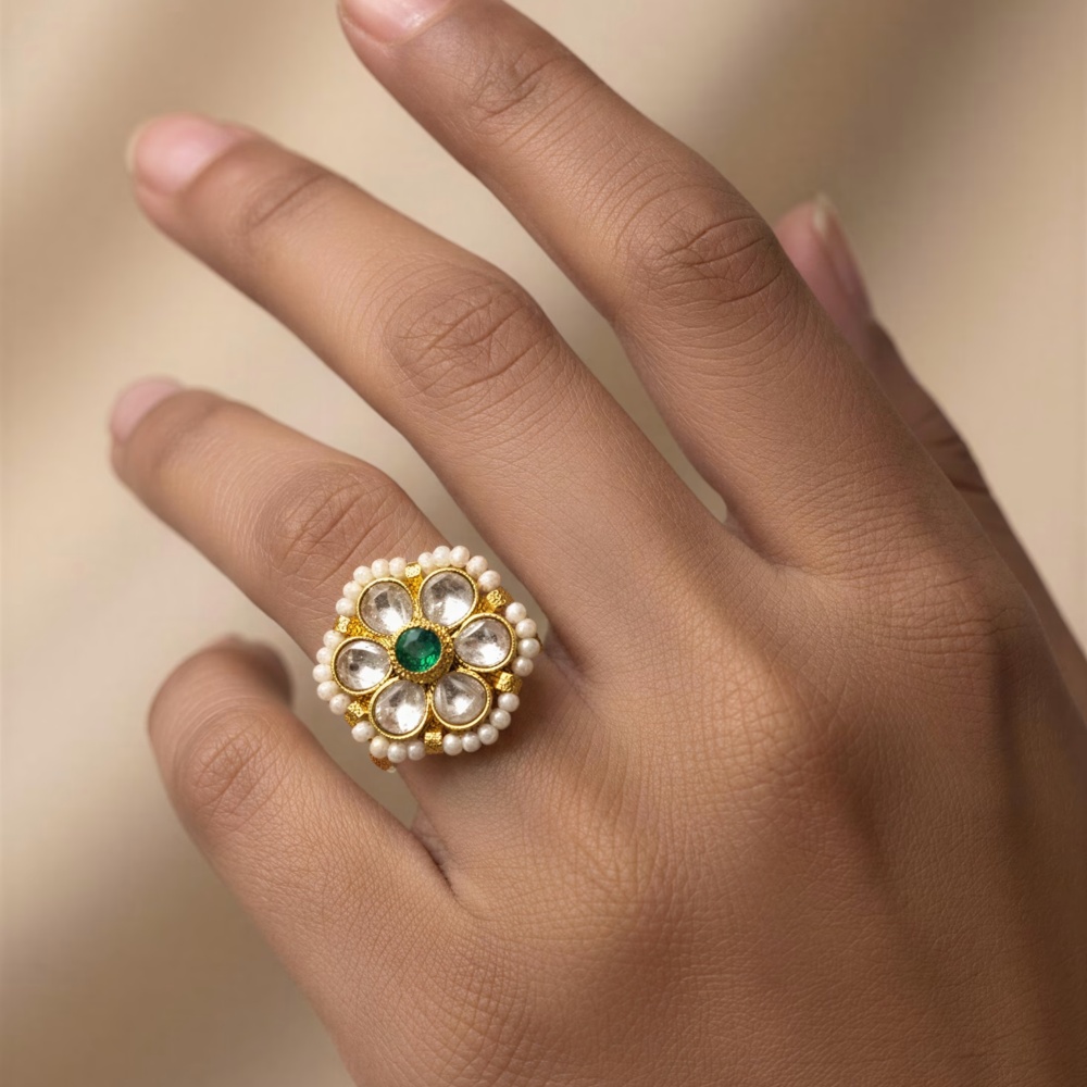 Floral Kundan Adjustable Gold-Plated Ring with Pearl Detailing