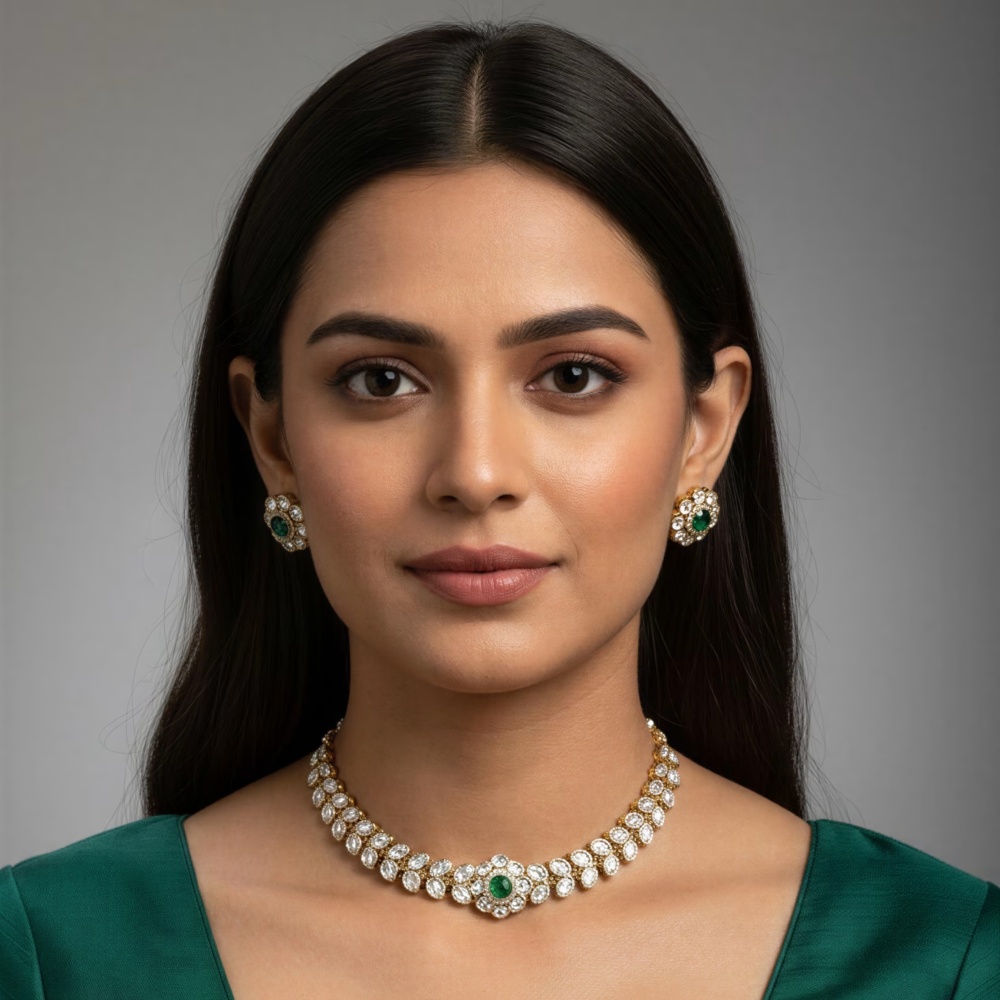 Kashmiri Kundan Pearl Choker Necklace Set with Green Stone