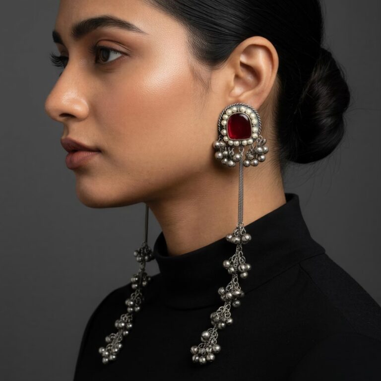 Nakhra Noor Handcrafted Long Oxidised Ghungroo Earrings