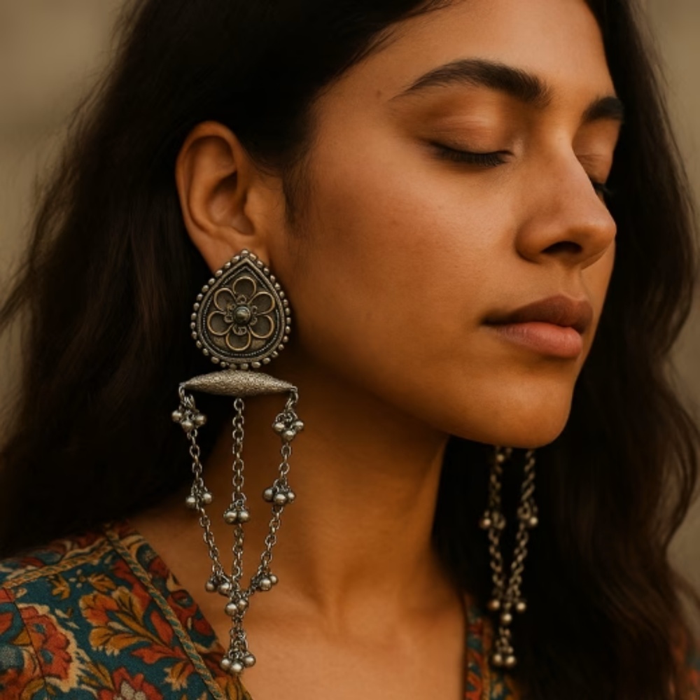 Oxidised Floral Drop Chain Earrings with Ghungroo Beads | Boho Ethnic Statement Jewellery for Women