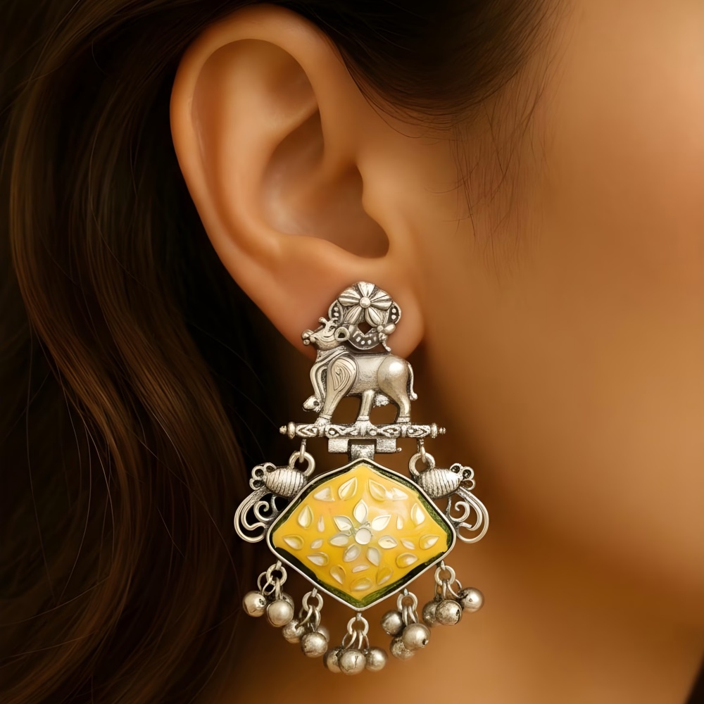 Oxidised Nandi Motif Earrings with Enamel Work & Ghungroo Drops