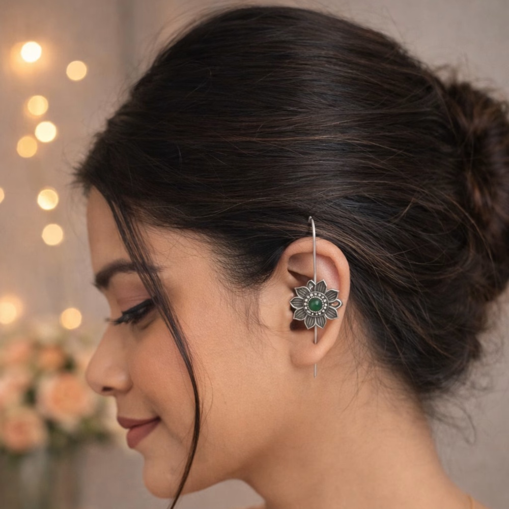 Phoolkari Oxidised Floral Ear Cuff – Green Stone
