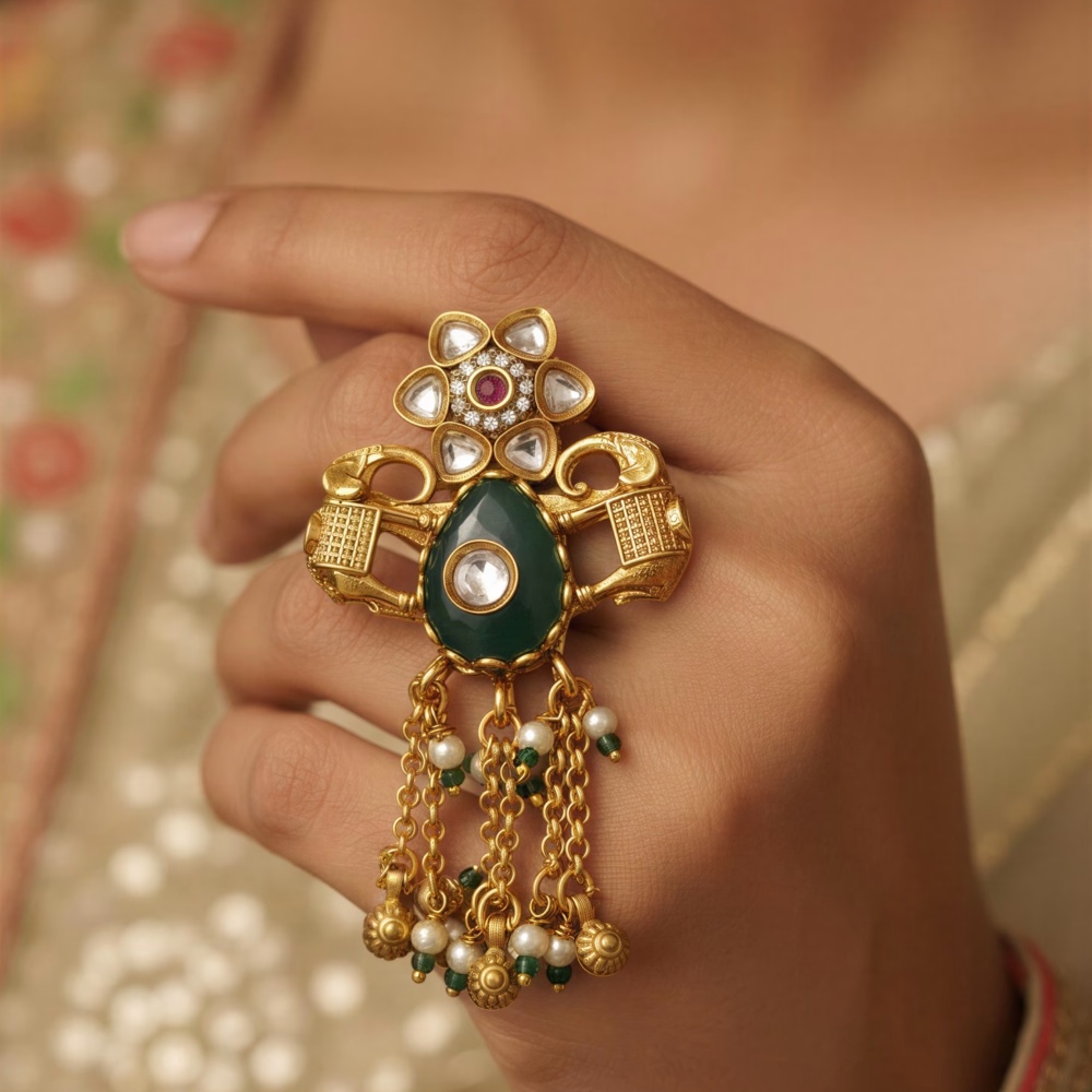 Regal Kundan & Emerald Temple Motif Statement Earring