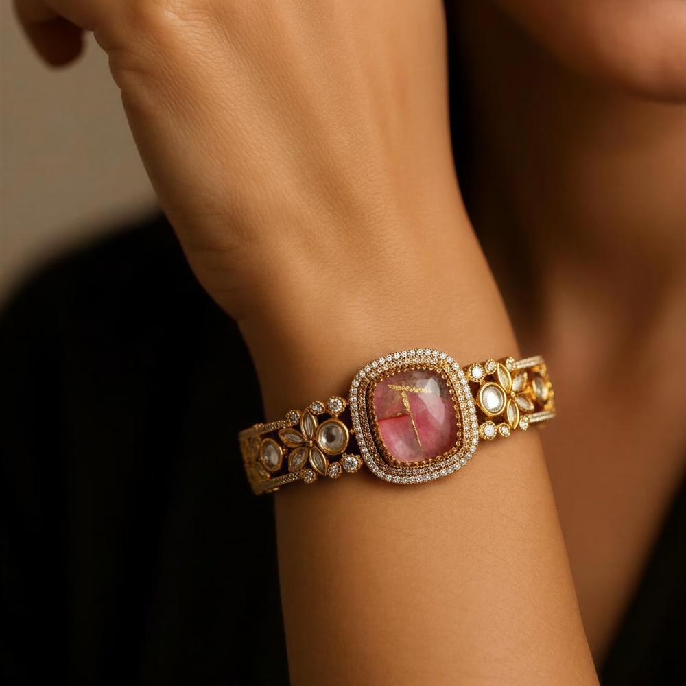 Royal Carved Rose Quartz & Kundan Gold-Plated Kada Bracelet