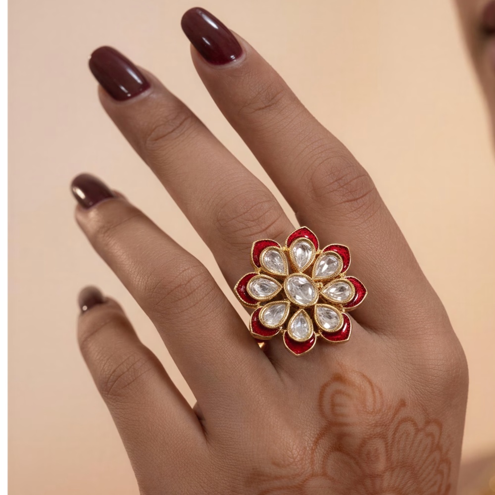 Ruby Petal Kundan Floral Statement Ring | Adjustable Ethnic Cocktail Ring