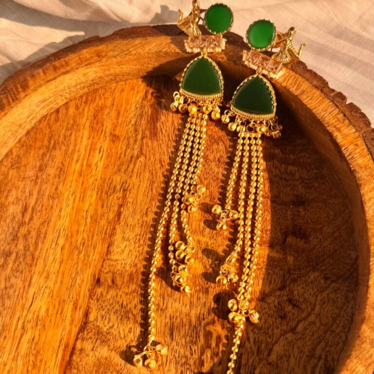 Trending Kashmiri Gold-Plated Earrings with Dual Stone Design and Ghungroo Drops