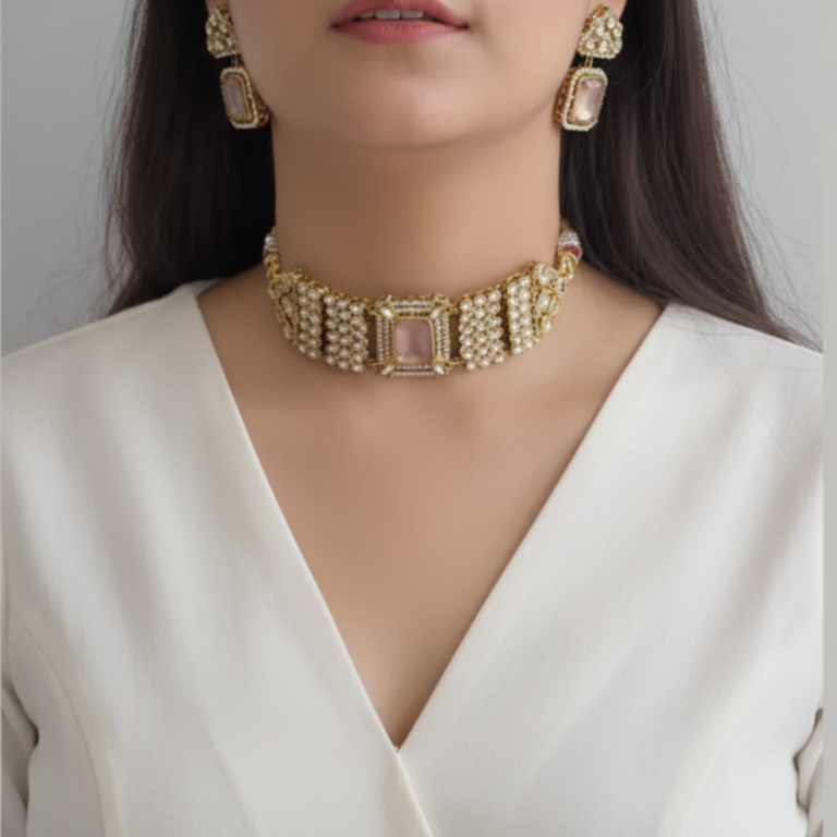 Bridal Polki Choker Set with Pearl Detailing and Blush Stone