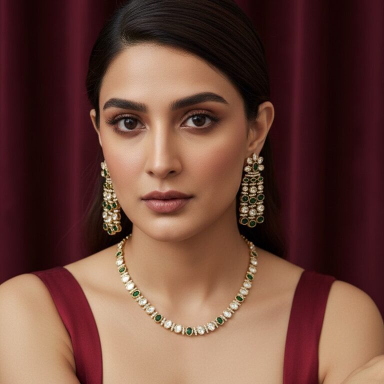 Emerald and champagne stone necklace set with long earrings displayed on black stand.