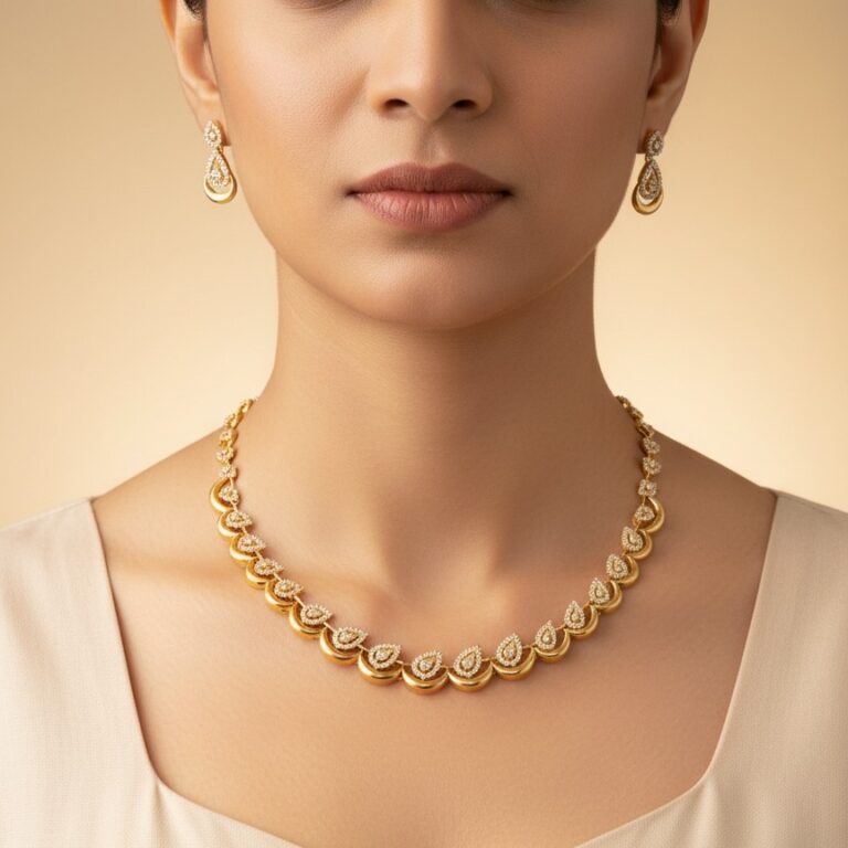 Gold teardrop necklace set with matching earrings displayed on black stand.