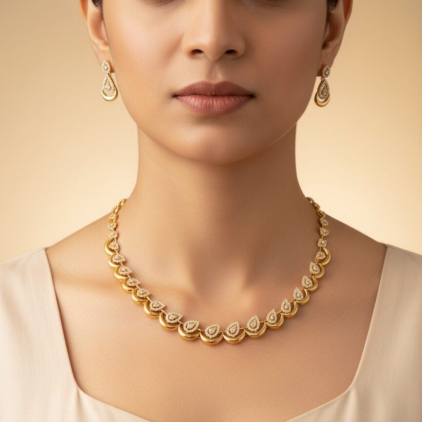 Gold teardrop necklace set with matching earrings displayed on black stand.