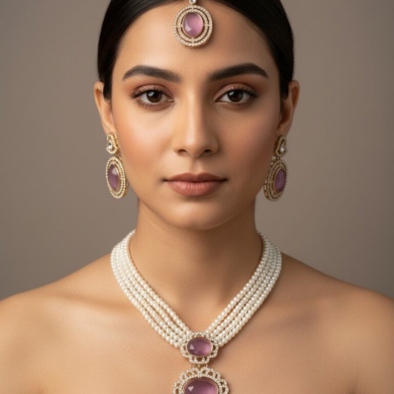 Pearl necklace set with pink stone pendant, matching earrings and maang tikka displayed on black stand.