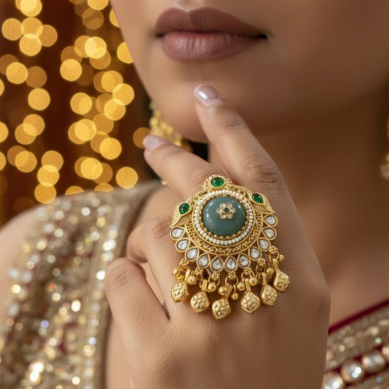 Close-up of adjustable Kashmiri cascade pearl statement ring worn on finger