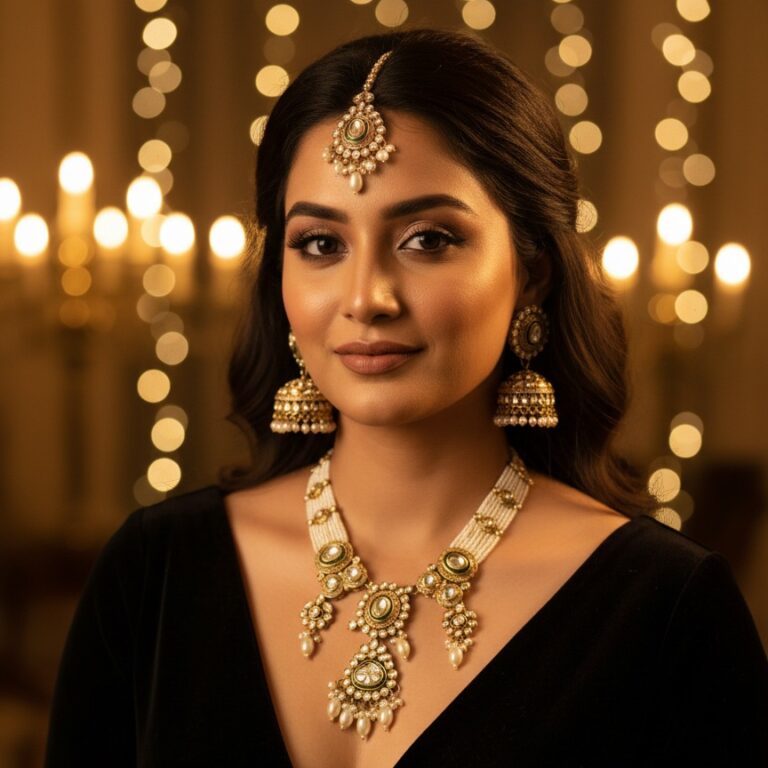 green kundan pearl bridal necklace set with layered pearls, jhumka earrings and maang tikka