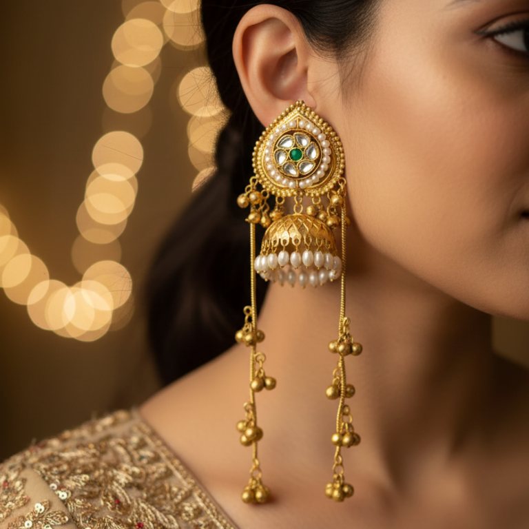 Ethnic Kashmiri earrings with emerald center stone