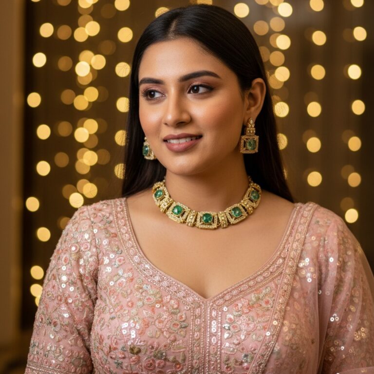 Emerald stone choker necklace set with matching earrings displayed on black stand.