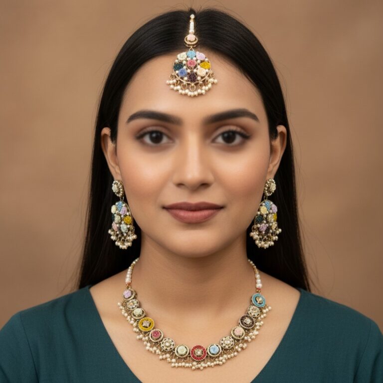 Floral multicolor necklace set with jhumka earrings and maang tikka displayed on black stand.