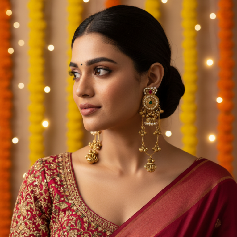 Traditional gold Kashmiri jhumka earrings with pearl detailing and ghungroo chain drops