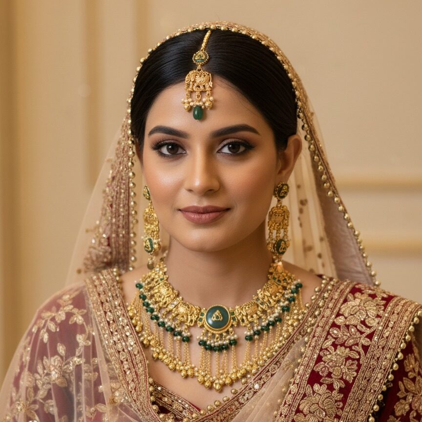 elephant temple jewellery bridal necklace set with green beads and long hanging chains traditional indian set
