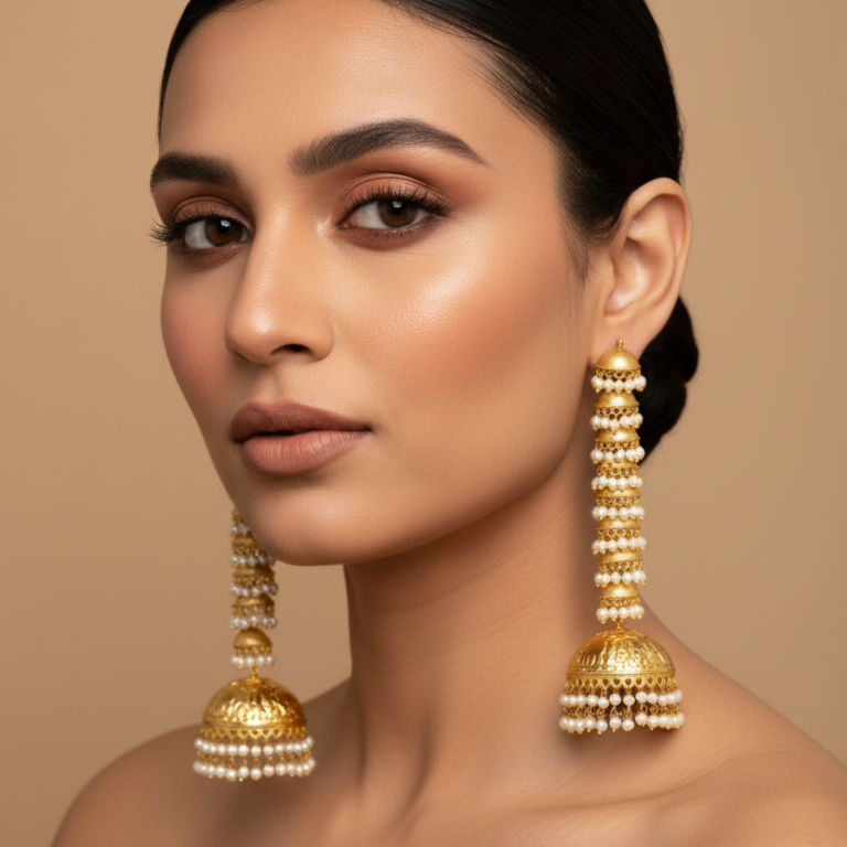 Long gold jhumka earrings with layered pearl detailing