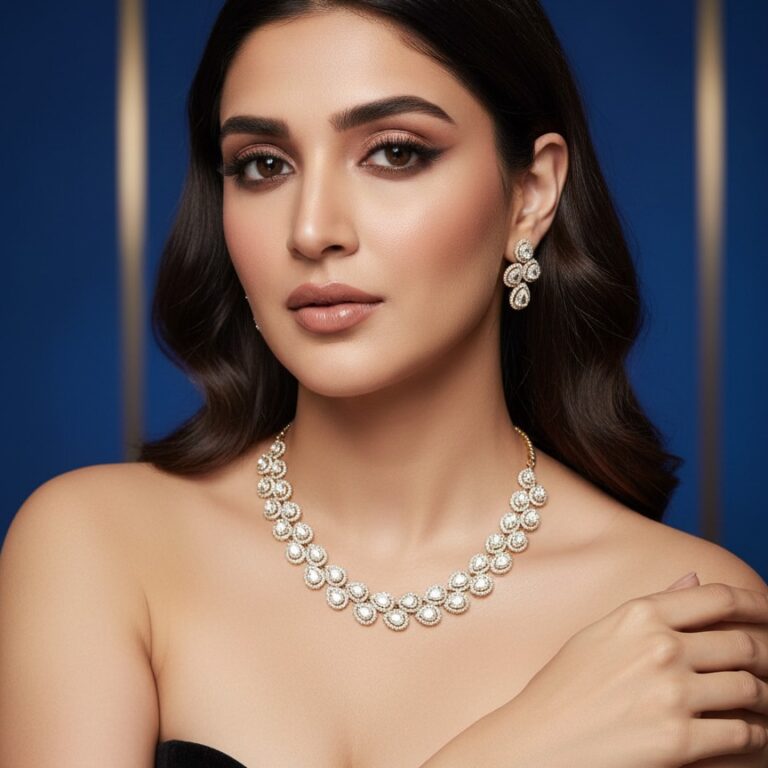 Teardrop diamond style necklace set with matching earrings displayed on black stand.