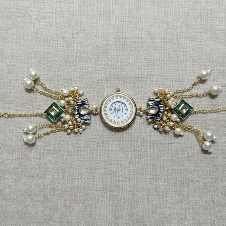 Gold ethnic watch bracelet with green stones, enamel detailing and pearl tassels.