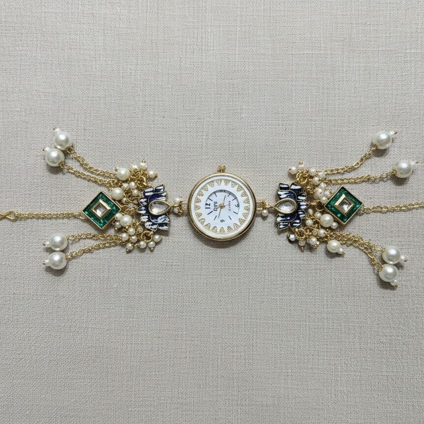 Gold ethnic watch bracelet with green stones, enamel detailing and pearl tassels.