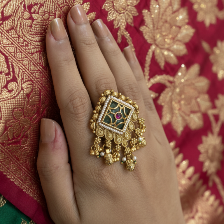 Kashmiri statement ring with green enamel and pearl border