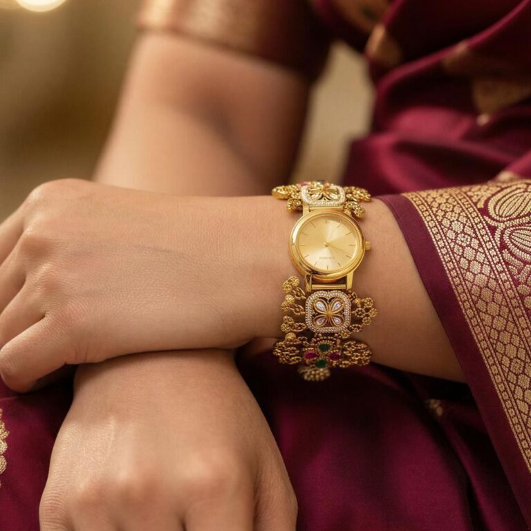 Gold kundan watch bracelet with floral design and pink green stone detailing.