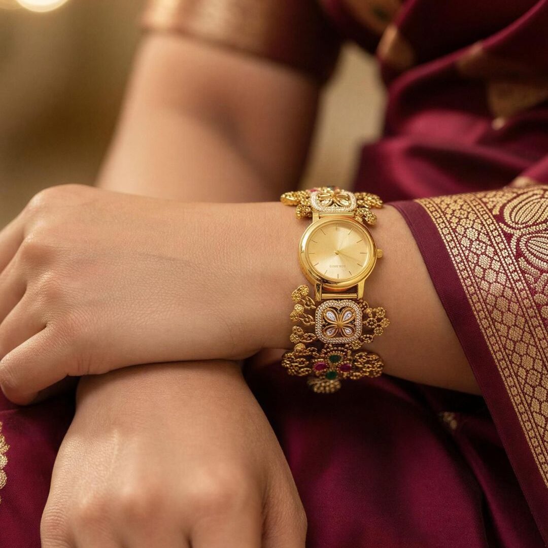 Gold kundan watch bracelet with floral design and pink green stone detailing.