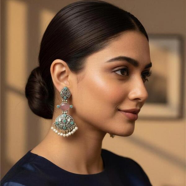 Model wearing oxidised Kashmiri chand jhumka earrings with pastel stones and pearl drops styled with dark outfit.