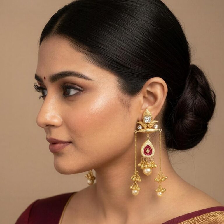 Gold temple style long earrings with kundan stones, ruby accents, pearl and ghungroo tassels held in hand.