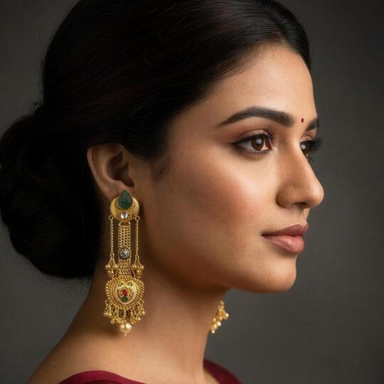 Long Kashmiri jhumka earrings with layered chain detailing, green stone top and traditional gold finish.