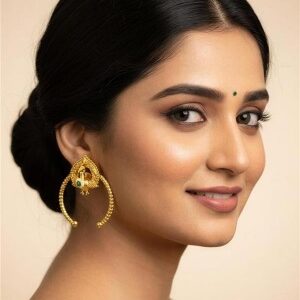 Gold Kashmiri earrings with peacock design and open hoop style in antique finish.