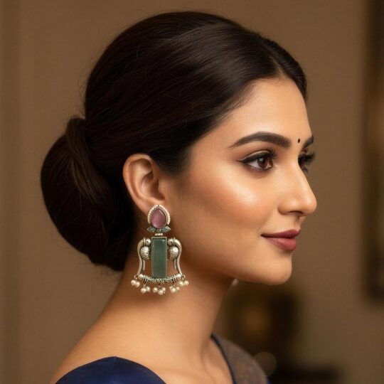 Kashmiri style dangler earrings with vertical stone design and pearl detailing worn by a woman.