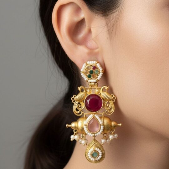 Gold kundan jhumka earrings with ruby stones, pastel detailing and pearl hangings held in hand.
