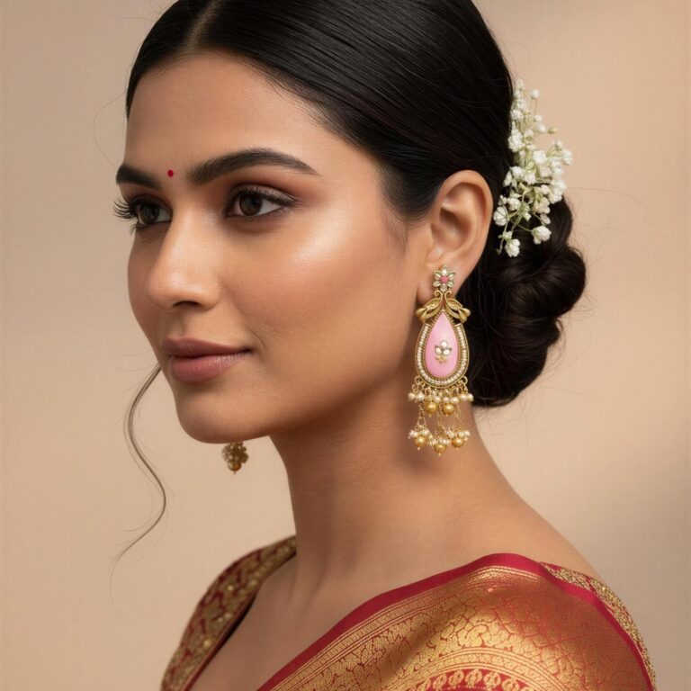Gold Kashmiri style dangler earrings with floral design, green and pink teardrop stones and pearl ghungroo drops held in hand.