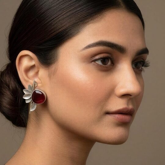 Minimal leaf design earrings with bold red and green stone in antique silver finish.