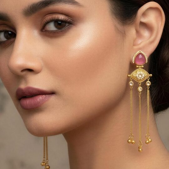 Gold Kashmiri style long chain earrings with pink teardrop stone top and ghungroo drops on white background.