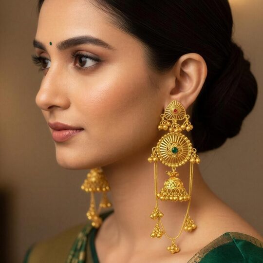Gold Kashmiri jhumka earrings with circular motifs, chain drops and layered jhumka detailing.