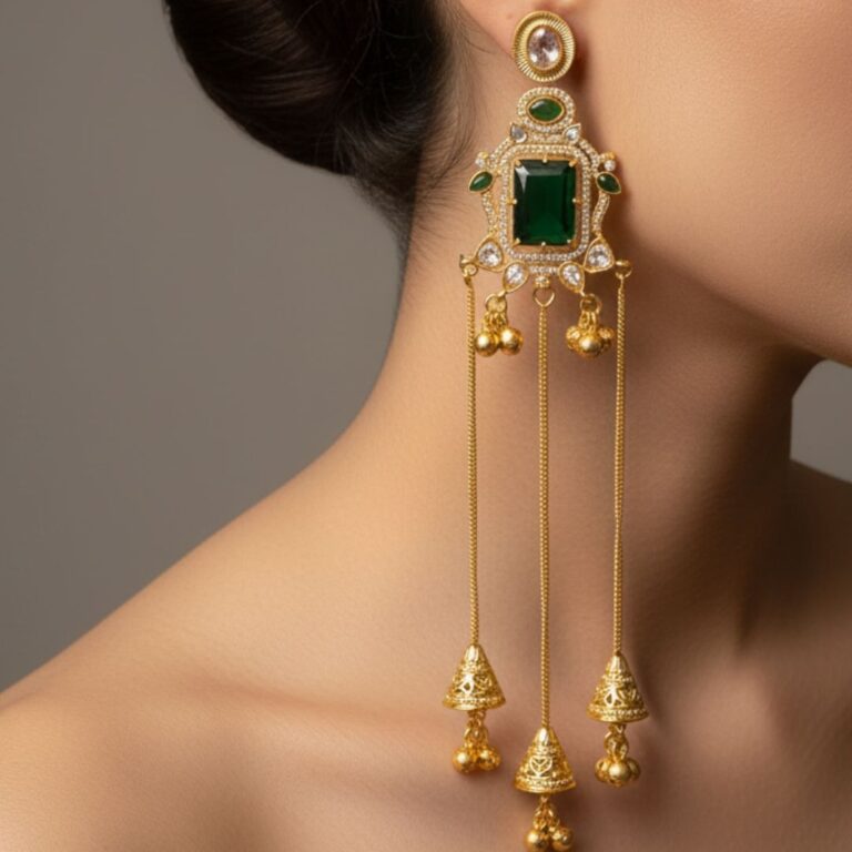 Gold statement earrings with rectangular colored stones and long chain jhumka drops in green, pink and red variants