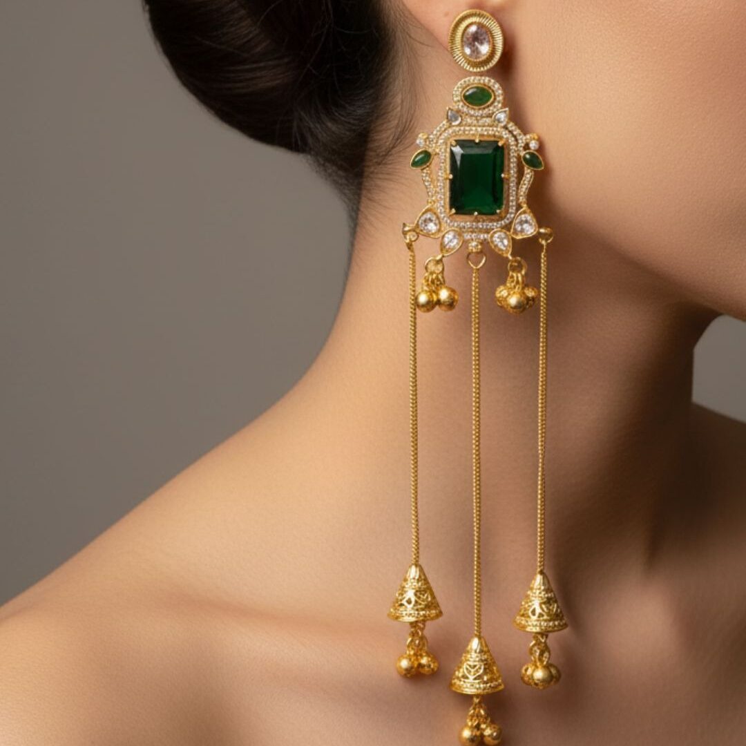 Gold statement earrings with rectangular colored stones and long chain jhumka drops in green, pink and red variants