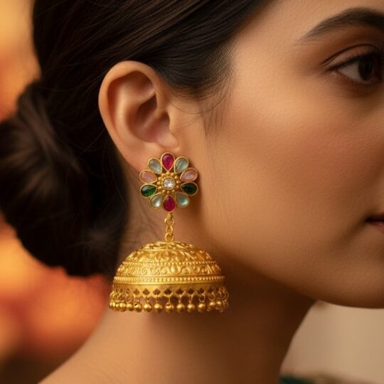 Gold Kashmiri jhumka earrings with multicolour floral stud and engraved dome design with ghungroo drops.