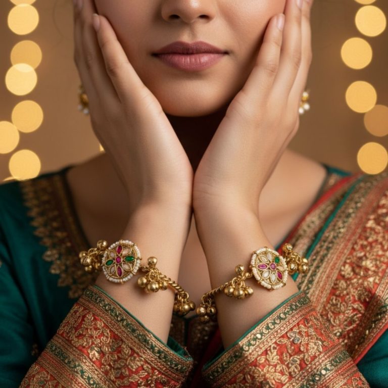 Zehroor Kashmiri gold-tone ethnic bangle with green stone and ghungroo detailing for women