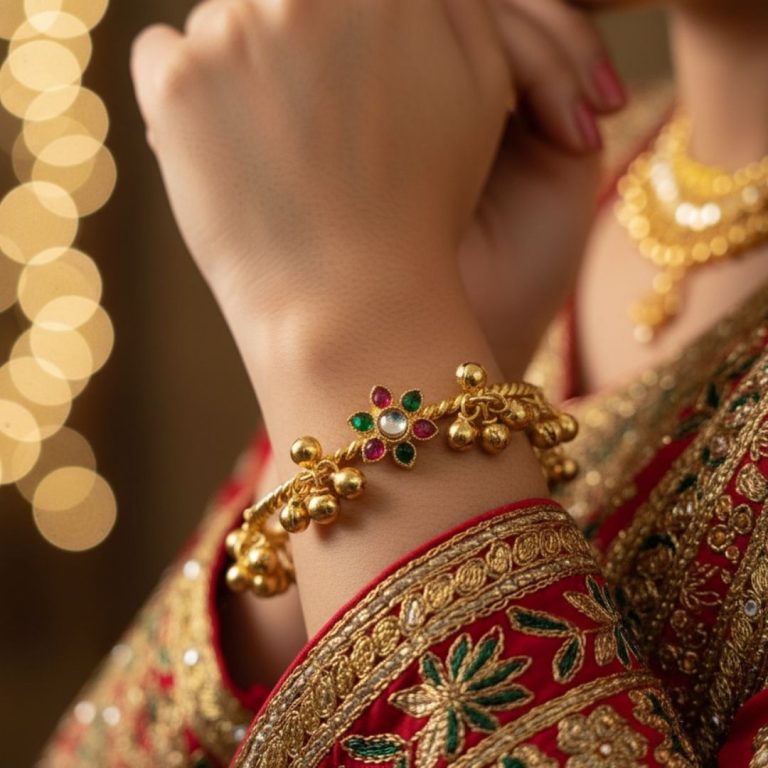 Rangriti Kashmiri gold-plated ethnic bangle set with colorful stone work and ghungroo charms for women