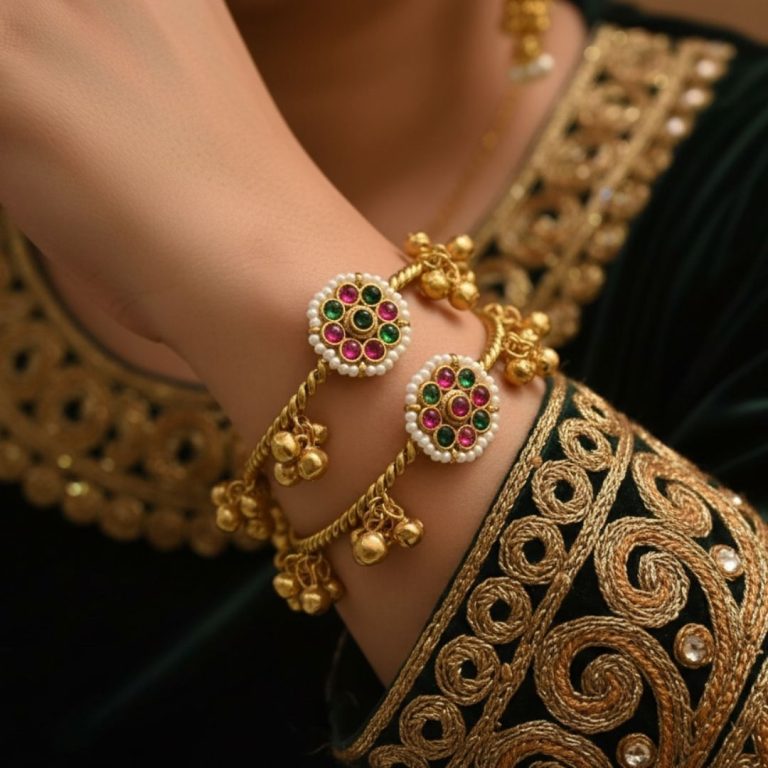 Mehrang Kashmiri gold-plated ethnic bangle set for women with pearl and ghungroo detailing